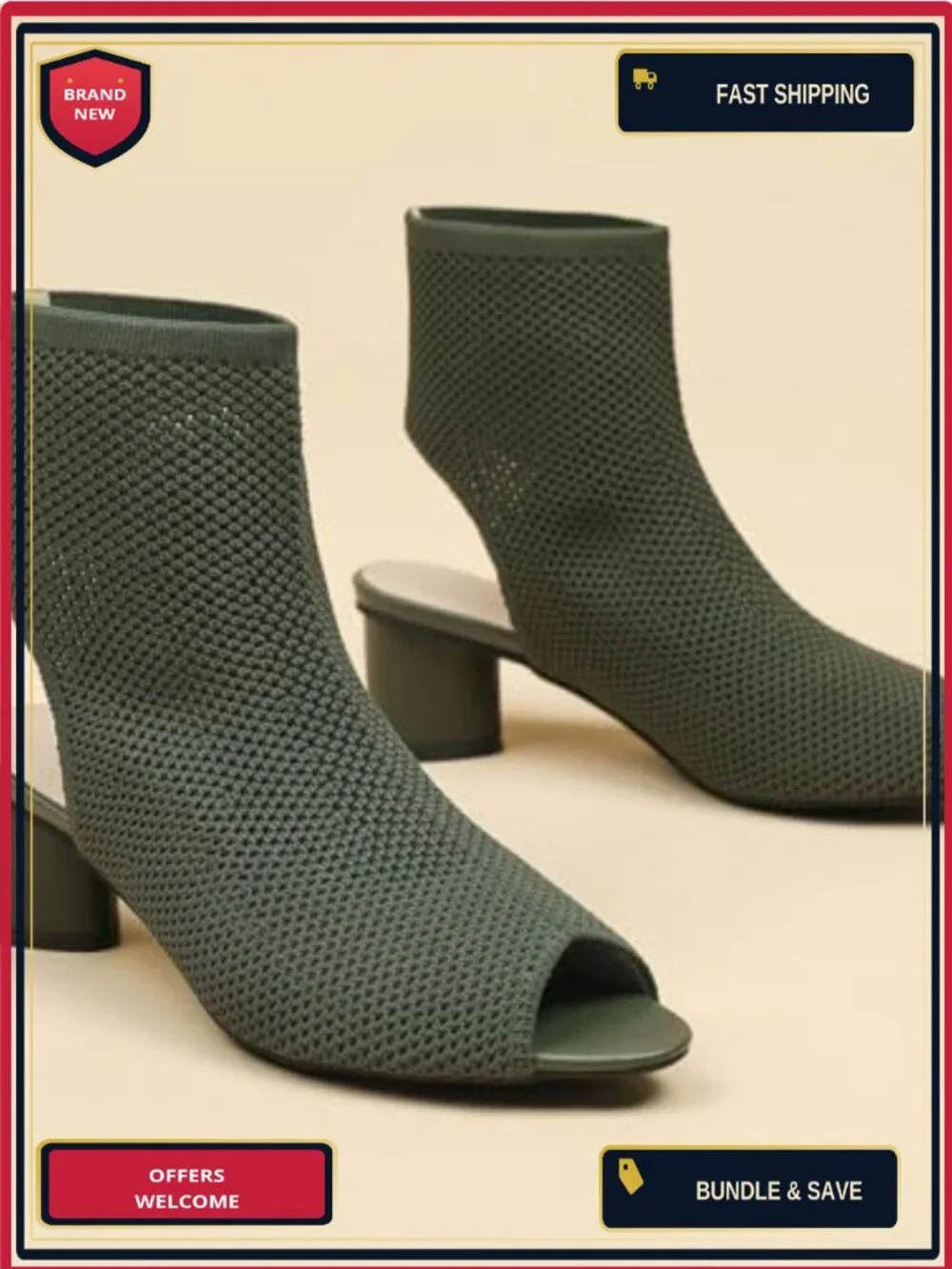 Women's Knit Peep Toe Slingback Chunky Heel Ankle Boots